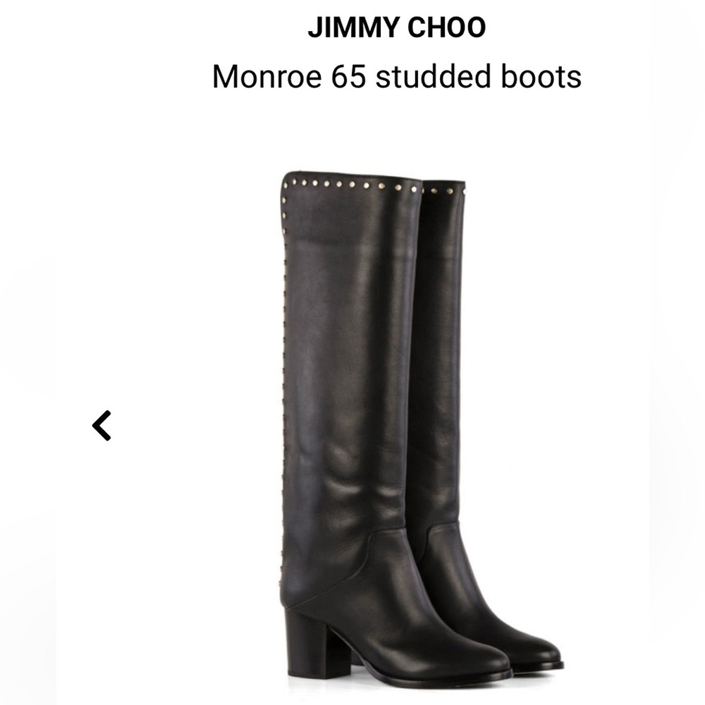 Jimmy Choo, Black Patent Leather, Monroe 65 boots with silver studs.